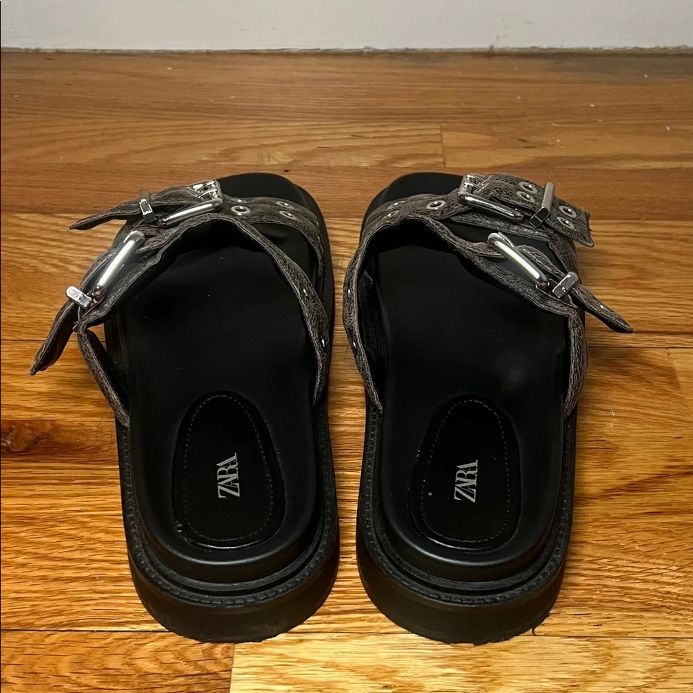 Zara Brown Sandals with Silver Buckles - Picture 3 of 4
